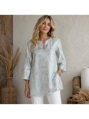 Vintage Pale Blue Silver Lurex Thread Bell Sleeve Tunic Top S